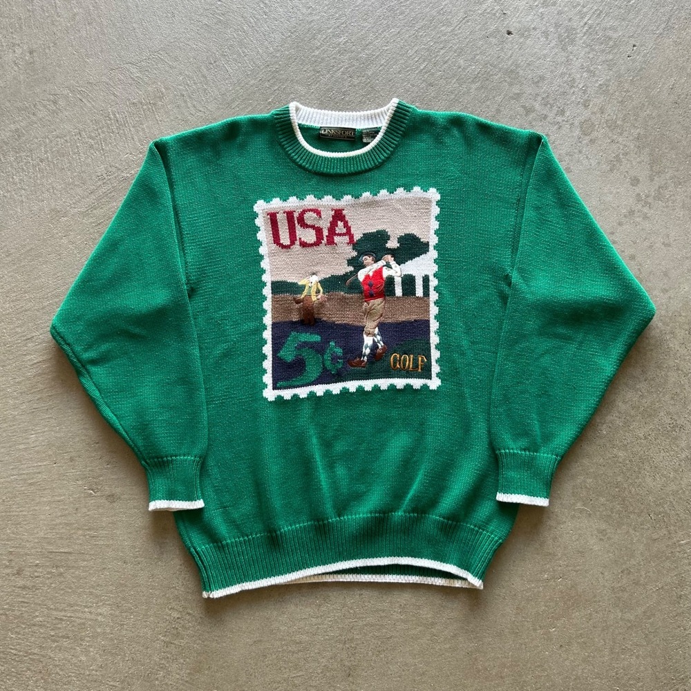 Vintage 90s Linksport Golf Sweater Size Large Green Postage Stamp Knit Pullover